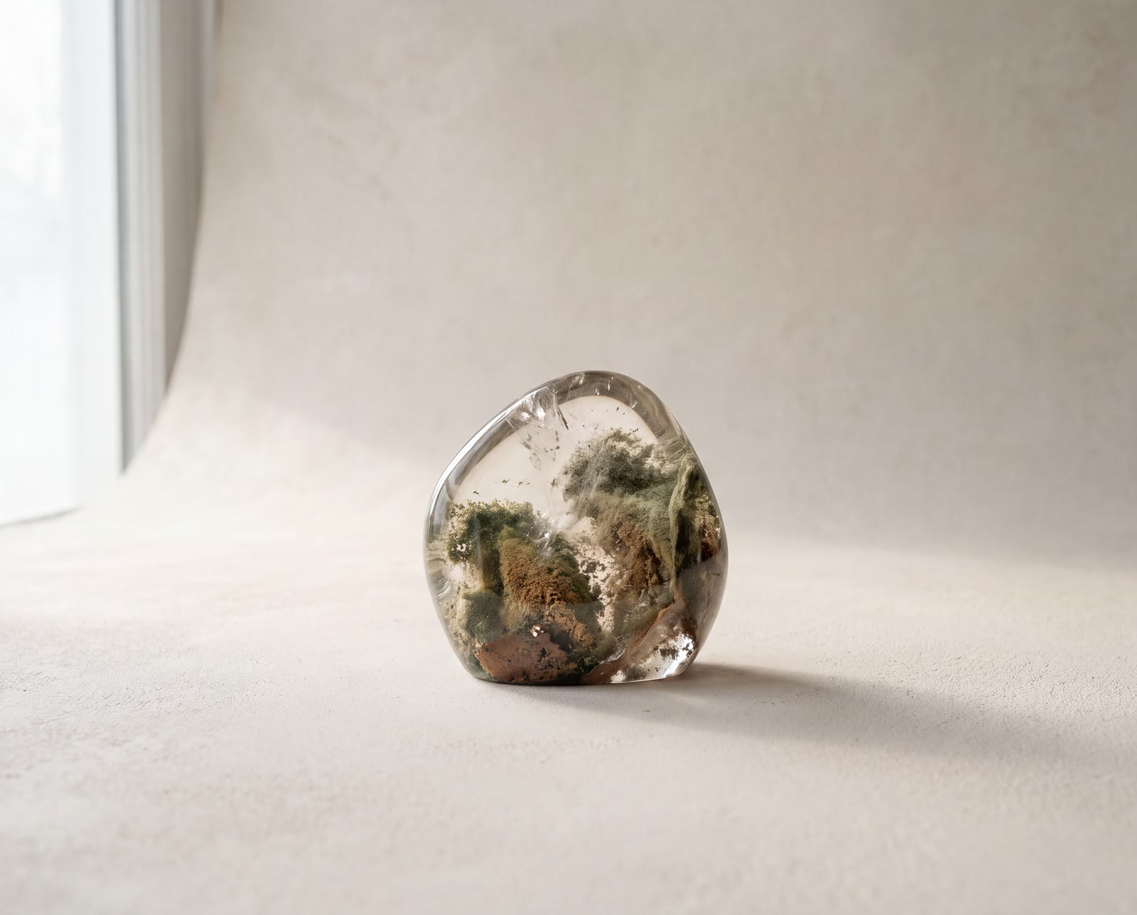 A polished garden quartz specimen with green chlorite inclusions suspended inside