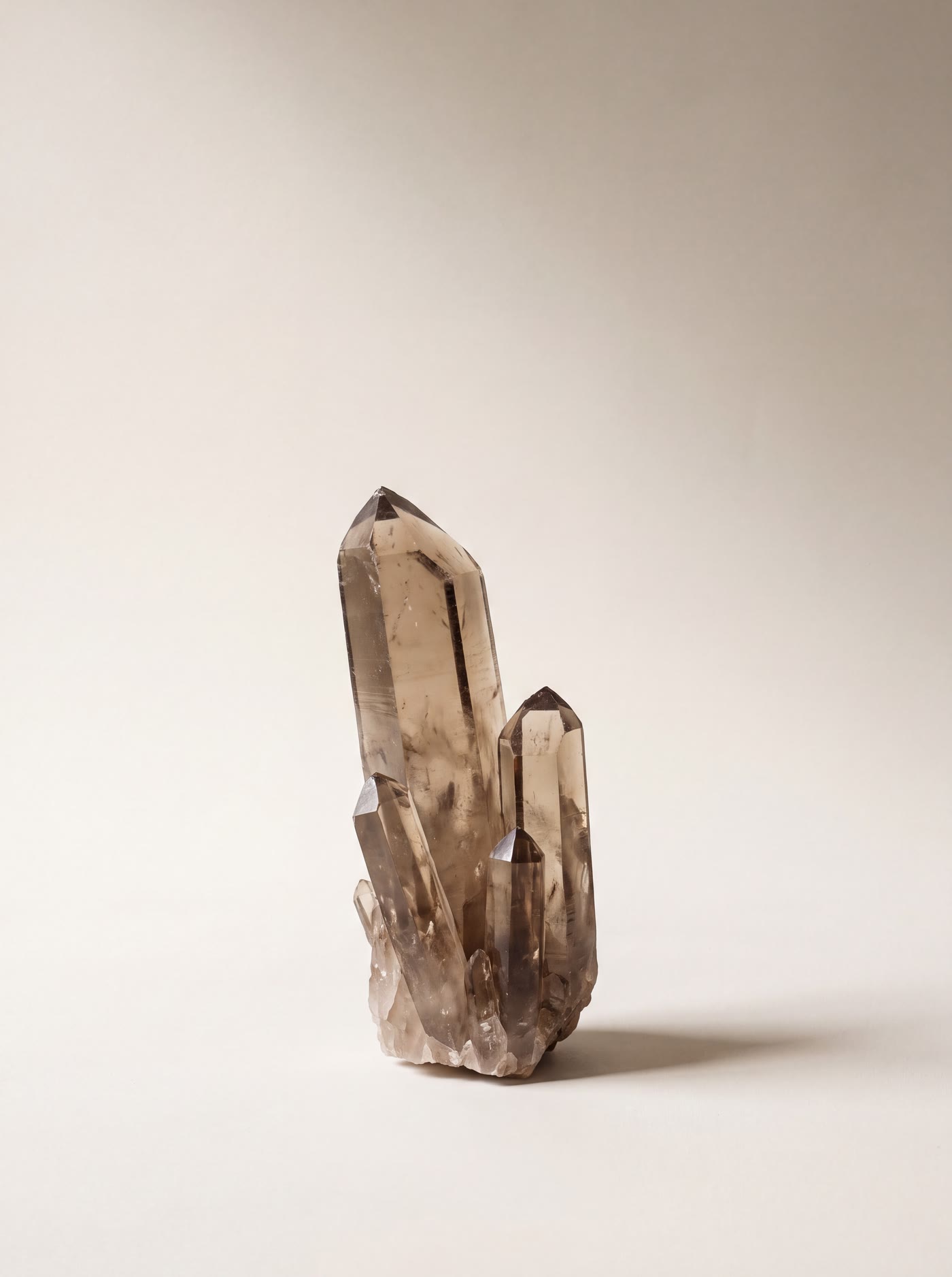 A raw smoky quartz cluster standing in soft window light against a warm limestone ground